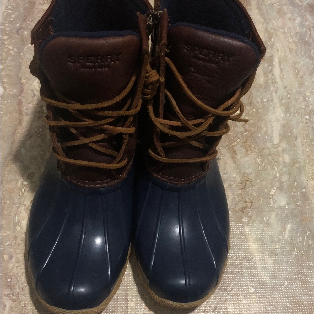 SPERRY Women's Duck Rain Boots Navy Brown Size 8M - Picture 3 of 10